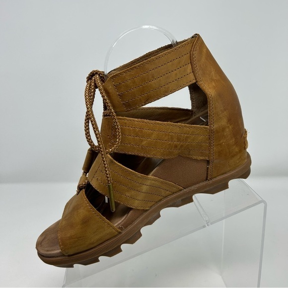 Sorel Joanie II Camel Brown Leather Lace Wedge Sandals Size 10 Summer Comfort - Picture 3 of 15